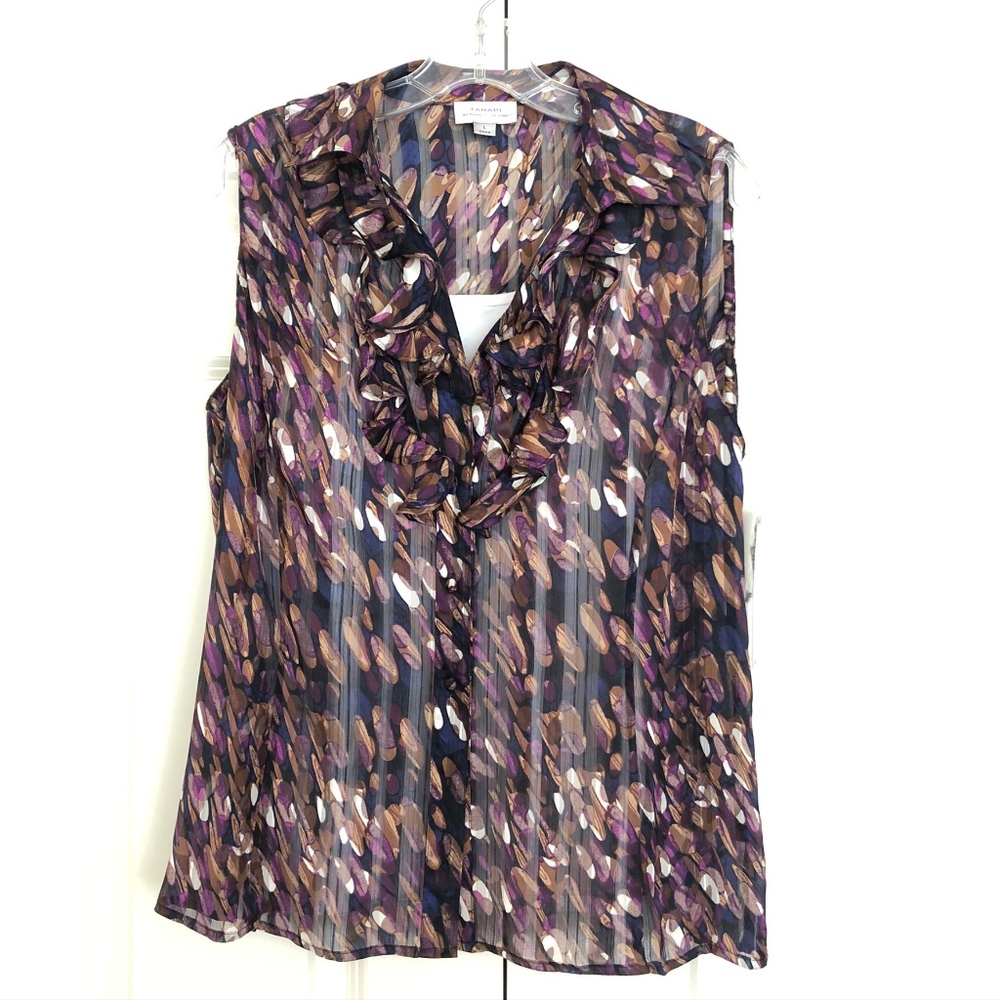 New, sheer, sleeveless, button down ruffle blouse